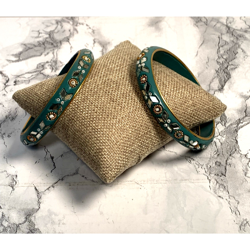 Vintage India Enamel Bangles Set Teal Gold Mirror Mosaic Brass Handmade Jewelry